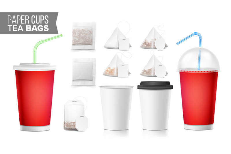 take-out-ocher-paper-cups-tea-bags-mock-up-vector-big-small-coffee-cup-cola-soft-drinks-cup-template-tube-straw-3d-cardboard-object-isolated-illustration