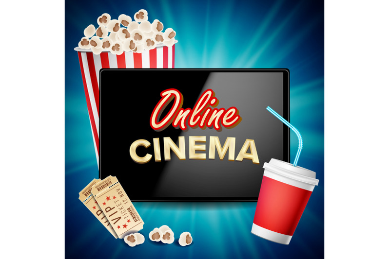 online-cinema-banner-vector-realistic-tablet-popcorn-drink-clapping-board-billboard-marketing-luxury-illustration