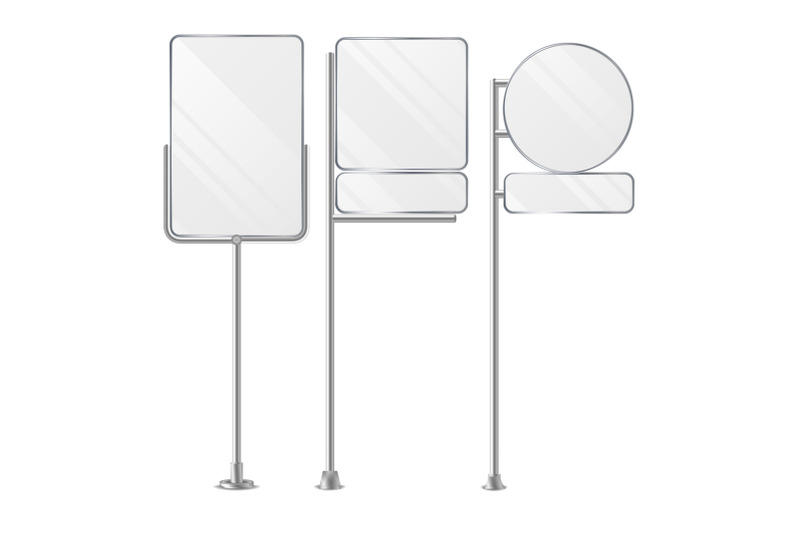 3d-blank-boards-on-poles-for-placing-price-and-business-advertising-outdoor-empty-holder-stands-set-isolated-on-white-background-vector-illustration