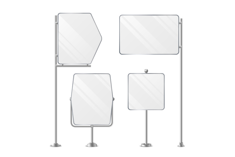 3d-blank-boards-on-poles-for-placing-price-and-business-advertising-outdoor-empty-holder-stands-set-isolated-on-white-background-vector-illustration