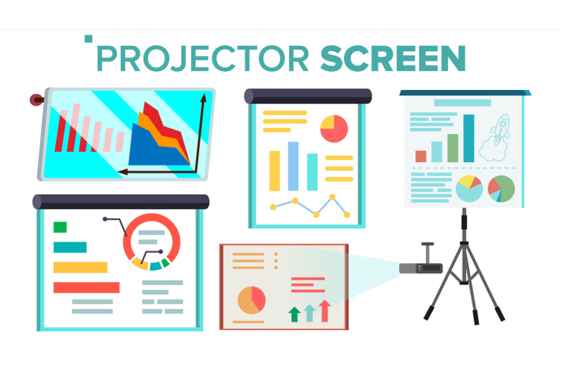 projector-screen-set-vector-presentation-with-graph-whiteboard-seminar-lecture-business-conferences-training-staff-meeting-isolated-illustration