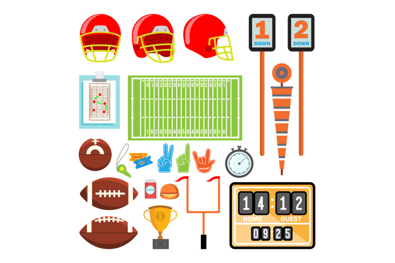 american-football-icons-set-vector-american-football-accessories-helmet-ball-cup-field-isolated-flat-cartoon-illustration