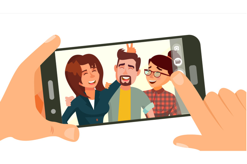 Taking Photo On Smartphone Vector. Smiling Friends Taking Selfie ...