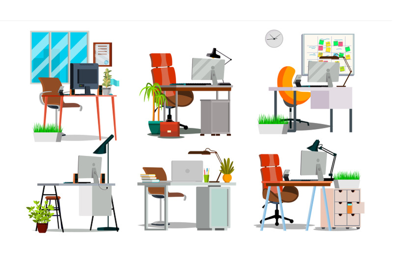 office-workplace-interior-set-vector-interior-of-the-office-room-creative-developer-studio-pc-computer-laptop-trendy-office-desk-isolated-flat-illustration