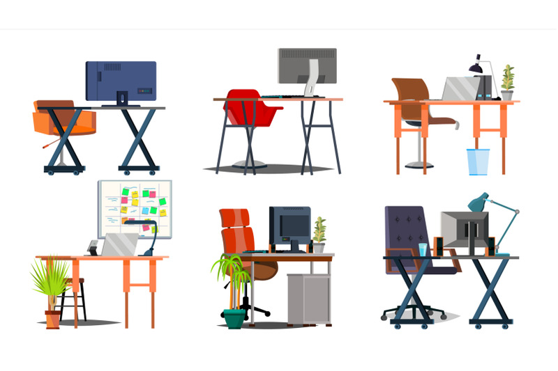 office-workplace-set-vector-interior-of-the-office-room-pc-computer-laptop-table-chair-interior-furniture-workplace-for-programmer-designer-salesman-isolated-flat-illustration