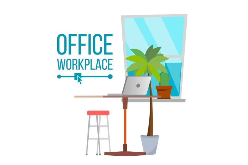 office-workplace-concept-vector-furniture-workplace-developer-creative-studio-interior-laptop-trendy-office-desk-illustration