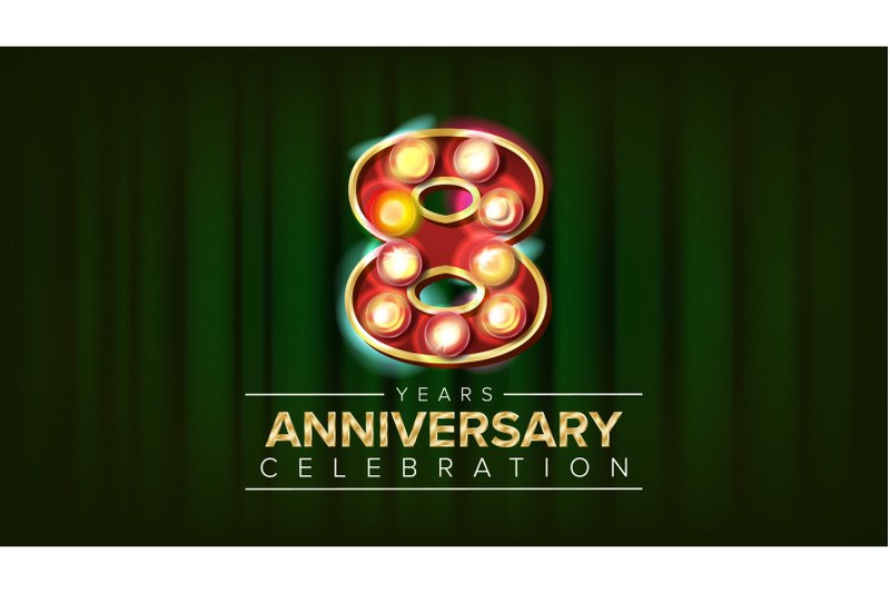 8-years-anniversary-banner-vector-eight-eighth-celebration-3d-glowing-element-digits-for-congratulation-postcards-flyers-gift-cards-advertising-design-classic-green-background-illustration