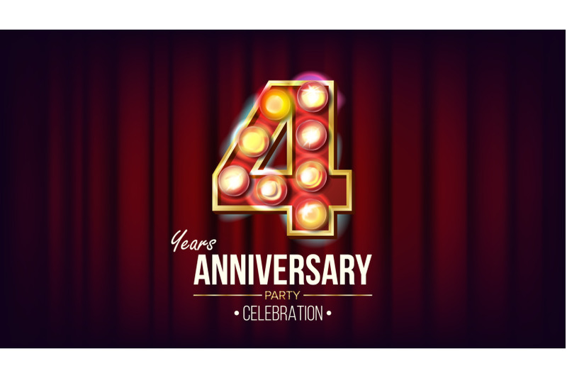 4-years-anniversary-banner-vector-four-fourth-celebration-vintage-style-illuminated-light-digits-for-flyer-card-wedding-advertising-design-retro-red-background-illustration