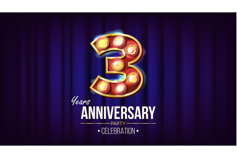 3-years-anniversary-banner-vector-three-third-celebration-vintage-golden-illuminated-neon-light-number-for-party-banner-badge-design-modern-blue-background-illustration