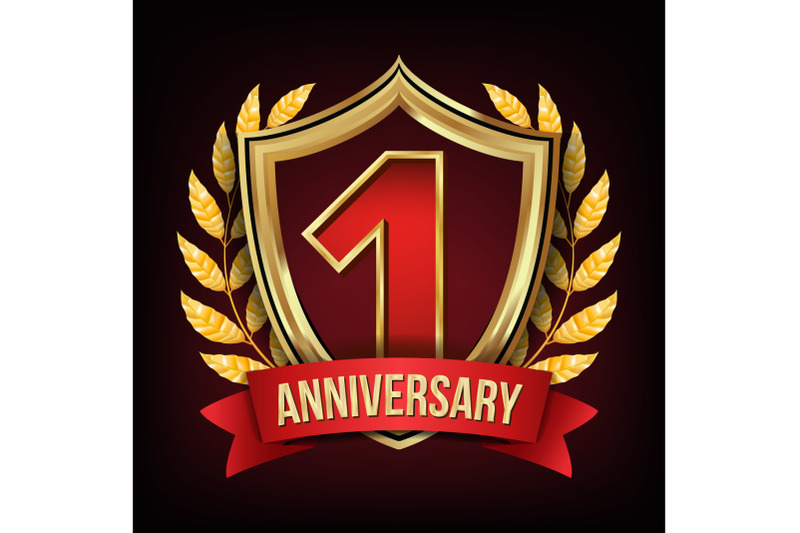 one-year-anniversary-vector-one-first-celebration-red-ribbon-shining-gold-sign-number-one-laurel-wreath-for-business-cards-flyers-event-design-illustration