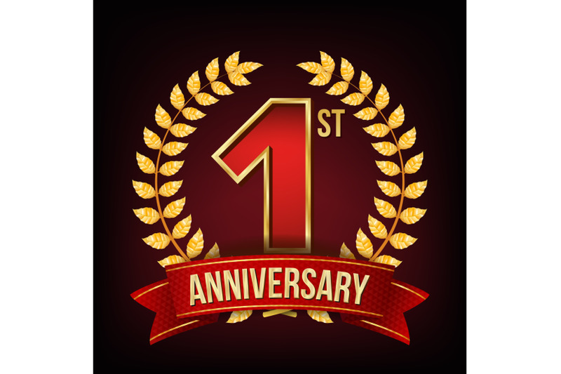 1-year-anniversary-banner-vector-one-first-celebration-shining-gold-sign-number-one-laurel-wreath-red-ribbon-for-business-event-design-illustration