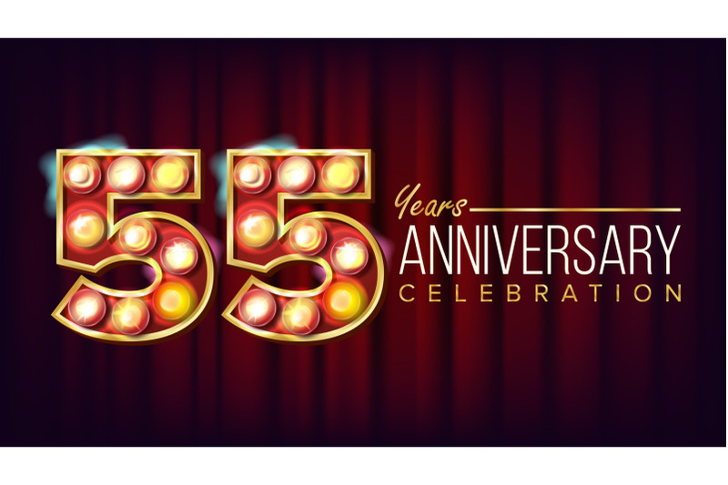 55-years-anniversary-banner-vector-fifty-five-fifty-fifth-celebration-shining-light-sign-number-for-party-banner-badge-design-classic-red-background-illustration