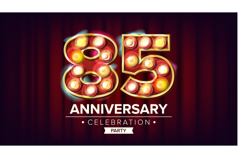85-years-anniversary-banner-vector-eighty-five-eighty-fifth-celebration-shining-light-sign-number-for-business-cards-postcards-flyers-gift-cards-design-modern-red-background-illustration