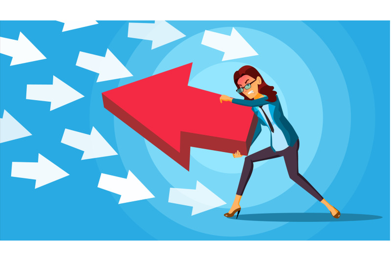 business-woman-pushing-arrow-vector-opponent-concept-opposite-direction-standing-out-from-the-crowd-against-obstacles-cartoon-illustration