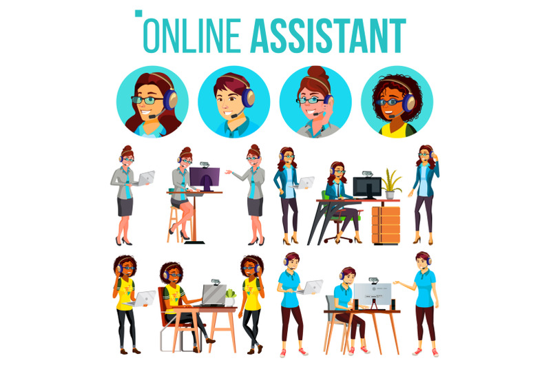 online-assistant-woman-set-vector-online-global-tech-support-24-7-advises-client-headphone-headset-talking-office-workers-at-the-computer-assistance-and-counseling-illustration