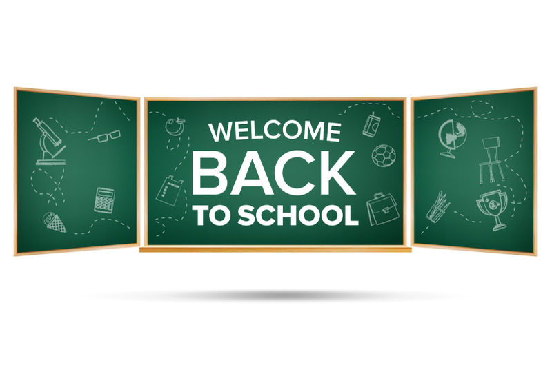 back-to-school-banner-vector-green-classroom-chalkboard-doodle-icons-sale-flyer-welcome-retail-marketing-promotion-realistic-illustration