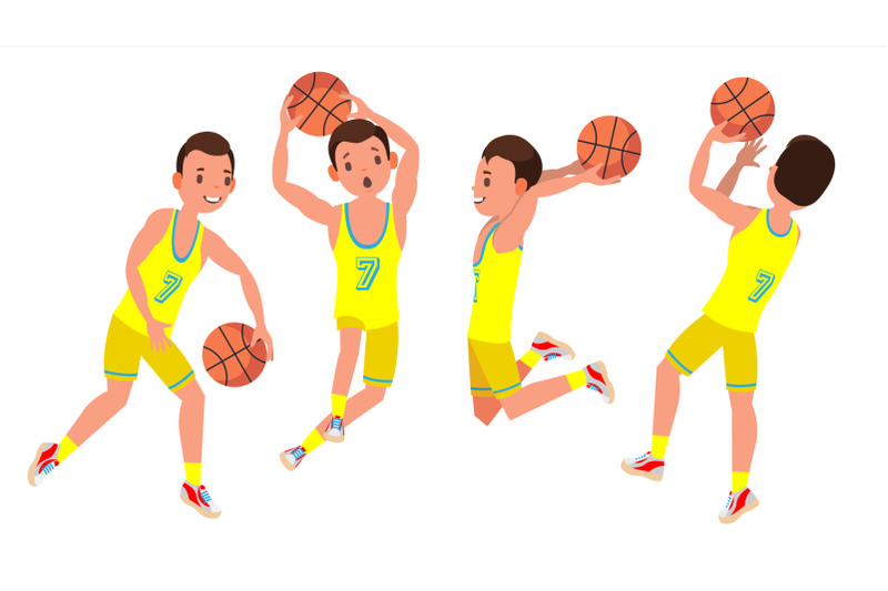 professional-basketball-player-vector-yellow-uniform-playing-with-a-ball-healthy-lifestyle-team-action-stickers-isolated-on-white-cartoon-character-illustration