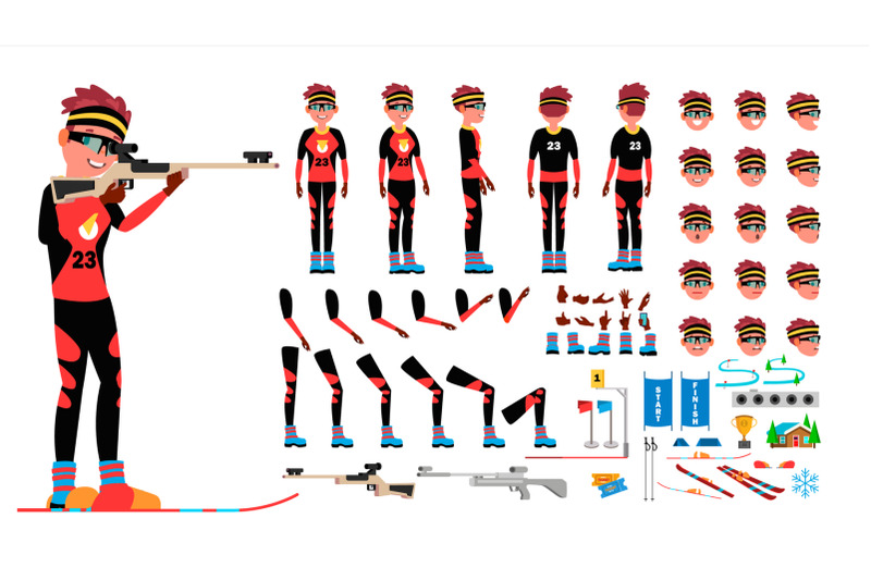 biathlon-player-male-vector-animated-character-creation-set-man-full-length-front-side-back-view-accessories-poses-face-emotions-gestures-isolated-flat-cartoon-illustration