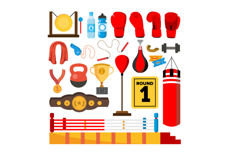 boxing-equipment-tools-set-vector-box-accessories-boxer-ring-belt-punch-bags-red-gloves-helmet-isolated-flat-cartoon-illustration