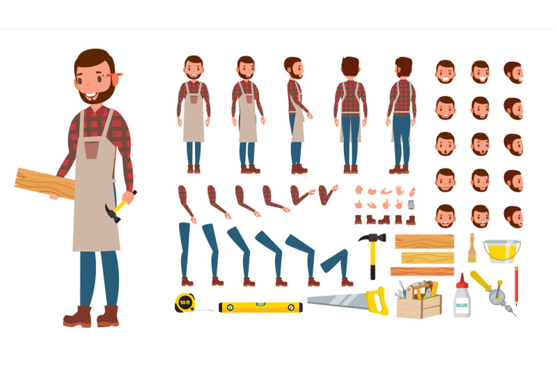 carpenter-vector-animated-professional-character-creation-set-workshop-wood-work-tool-full-length-front-side-back-view-accessories-poses-emotions-gestures-flat-cartoon-illustration