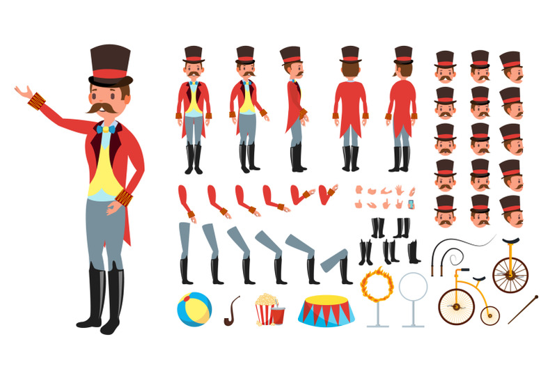 circus-trainer-vector-animated-character-creation-set-full-length-front-side-back-view-accessories-poses-face-emotions-hairstyle-gestures-isolated-flat-cartoon-illustration
