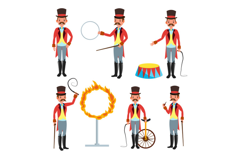 circus-trainer-vector-circus-performances-of-trained-animals-mustache-red-cloak-cylinder-whip-isolated-on-white-cartoon-character-illustration