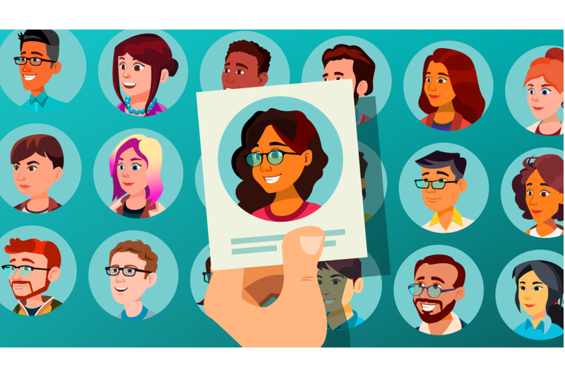 human-recruitment-vector-woman-human-recruitment-selected-group-of-people-pick-from-the-crowd-cartoon-illustration