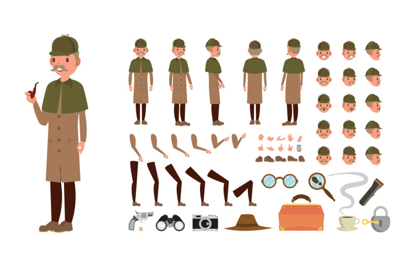 detective-vector-animated-tec-character-creation-set-snoop-shamus-spotter-full-length-front-side-back-view-poses-emotions-hairstyle-gestures-isolated-flat-cartoon-illustration