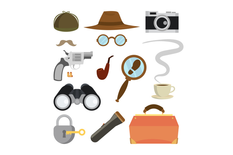 detective-items-set-vector-tec-agent-accessories-hat-glasses-mustache-tobacco-camera-magnifying-glass-lock-key-flashlight-binoculars-bag-gun-bullets-isolated-flat-cartoon-illustration