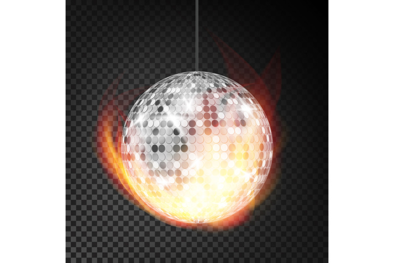 silver-disco-ball-in-fire-vector-realistic-burning-dance-night-club-ball-transparent-background-illustration