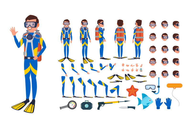 diver-man-vector-animated-character-creation-set-under-water-scuba-diver-snorkeling-diving-full-length-front-side-back-view-poses-face-emotions-gestures-isolated-flat-cartoon-illustration