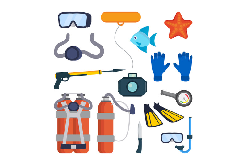 diving-equipment-set-vector-scuba-diver-accessories-mask-tube-buoy-starfish-fish-underwater-gun-camera-oxygen-tank-knife-flippers-pressure-depth-sensor-isolated-flat-cartoon-illustration