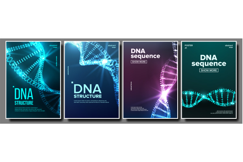 dna-poster-set-vector-biochemistry-flyer-evolution-symbol-healthy-chromosome-digital-cell-medical-banner-microscopic-element-illustration