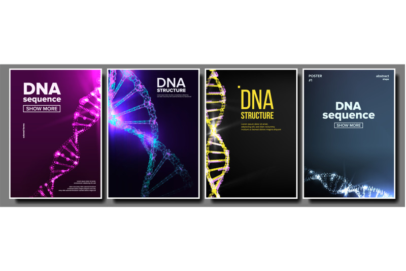 dna-poster-set-vector-medical-banner-human-genome-abstract-helix-strand-sequence-illustration