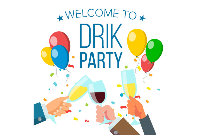 drink-party-banner-vector-raised-hands-holding-champagne-and-beer-glasses-toasting-clinking-glasses-with-alcohol-celebration-event-design-isolated-flat-illustration