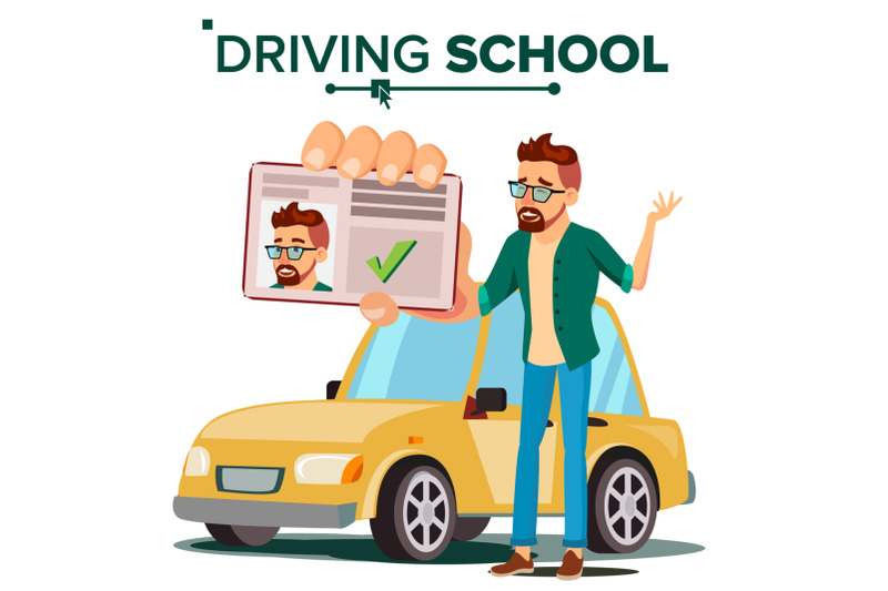 man-in-driving-school-vector-training-car-successful-pass-exam-learning-to-drive-driving-license-isolated-flat-illustration