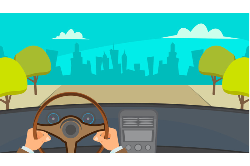 hands-driving-car-vector-city-traffic-jam-urban-background-flat-illustration