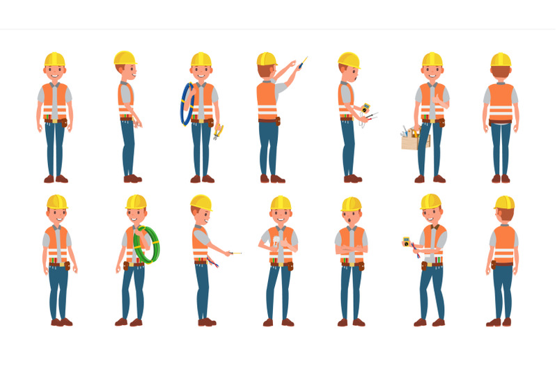 classic-electrician-vector-different-poses-working-man-isolated-flat-cartoon-character-illustration