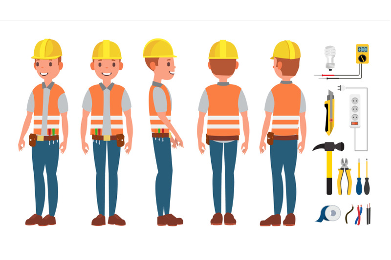 electrician-worker-male-vector-makes-electrical-equipment-different-poses-cartoon-character-illustration