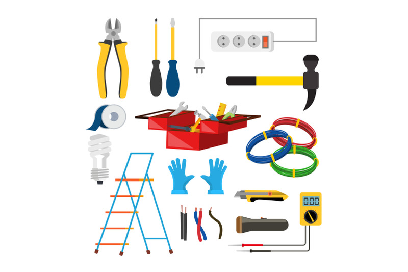 electrician-icons-set-vector-electrician-accessories-stepladder-gloves-light-bulb-wire-screwdriver-lantern-knife-voltmeter-wire-isolated-flat-cartoon-illustration