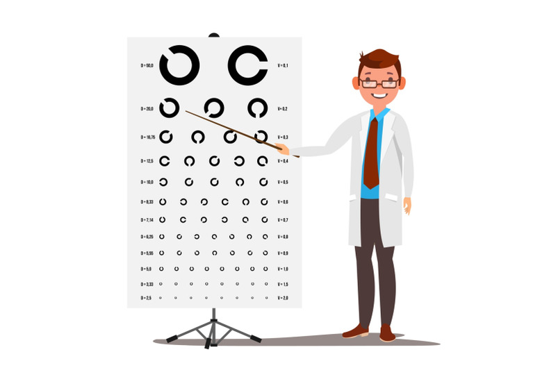 male-ophthalmology-vector-sight-eyesight-optical-examination-doctor-and-eye-test-chart-in-clinic-ophthalmologist-examining-patient-medicine-concept-isolated-flat-cartoon-illustration