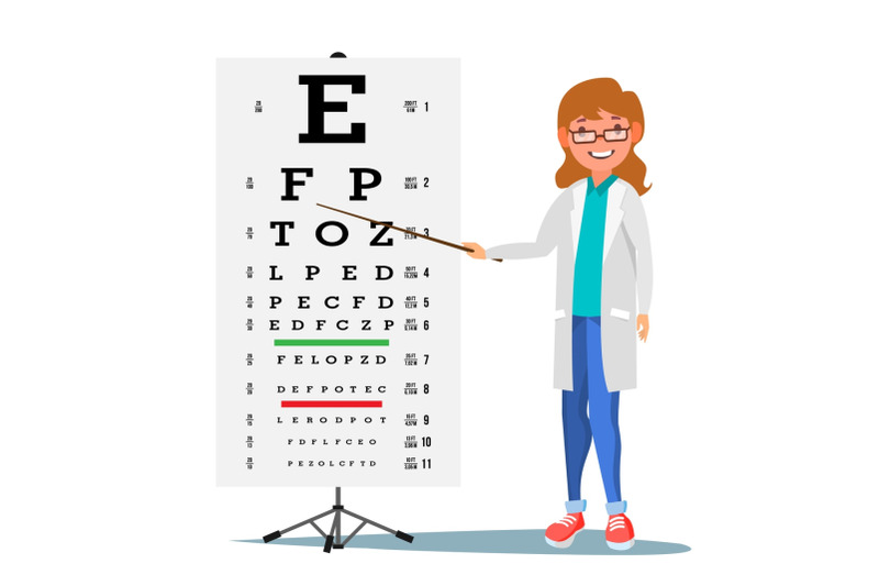 female-ophthalmology-vector-medical-eye-diagnostic-doctor-and-eye-test-chart-in-clinic-eyesight-acuity-exam-diagnostic-of-myopia-vision-exam-medicine-concept-isolated-flat-cartoon-illustration