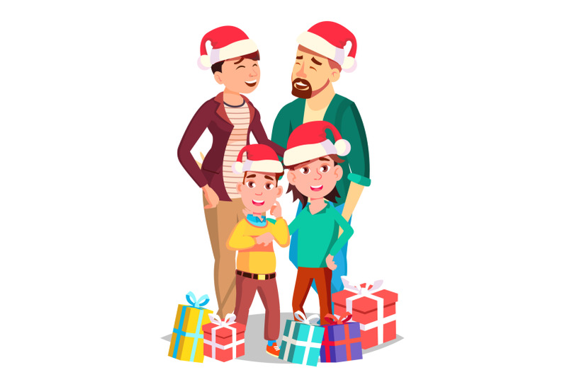 christmas-family-portrait-vector-dad-mother-kids-in-santa-hats-winter-holidays-cheerful-greeting-postcard-colorful-design-isolated-cartoon-illustration