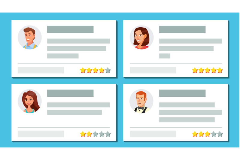 customer-feedback-vector-text-and-feedback-evaluation-user-avatars-notification-messages-rate-and-text-shop-quality-work-flat-cartoon-illustration