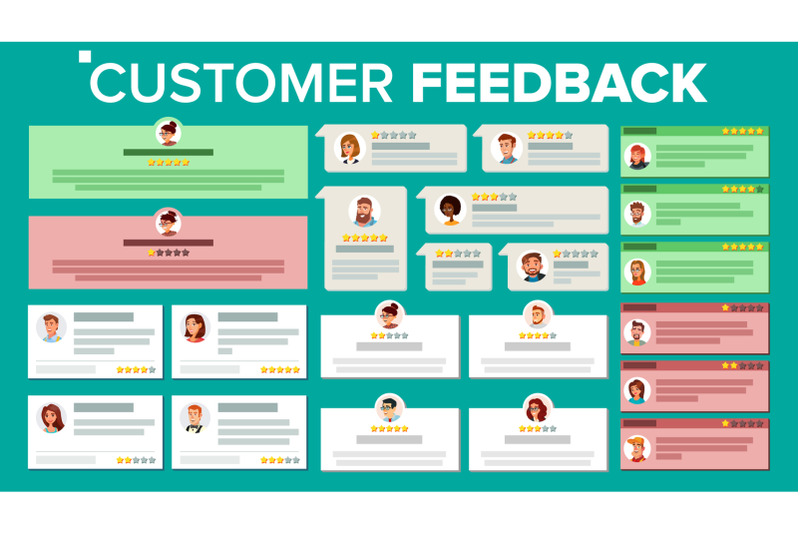 customer-feedback-vector-business-positive-negative-review-store-quality-work-testimonials-notification-messages-user-photo-review-rating-speech-bubble-flat-cartoon-illustration