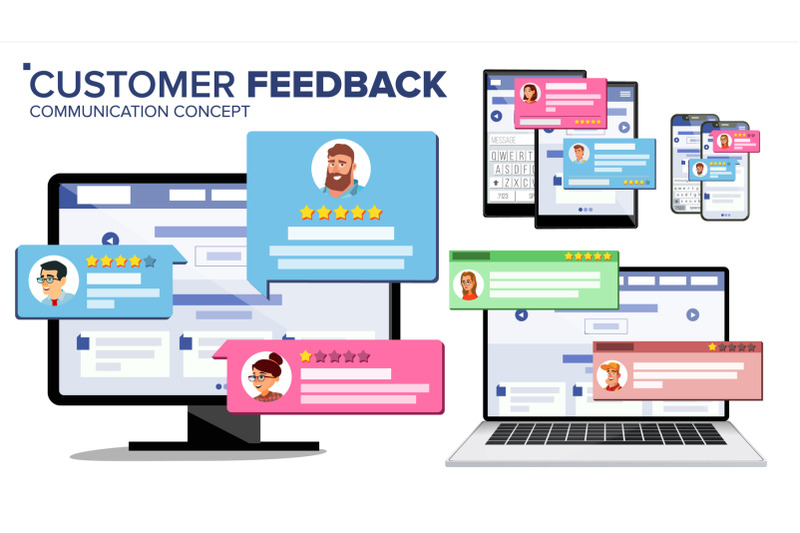 customer-review-page-on-computer-monitor-laptop-tablet-mobile-phone-vector-client-testimonials-website-rating-feedback-and-review-concept-isolated-flat-illustration