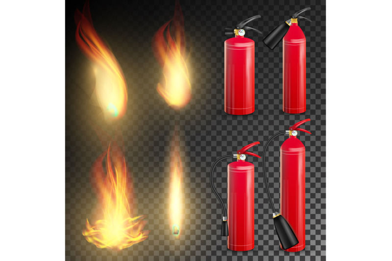 fire-extinguisher-vector-sign-3d-realistic-fire-flame-and-red-fire-extinguisher-transparent-background-illustration