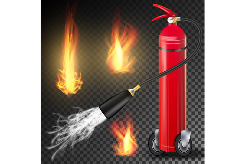 fire-extinguisher-vector-burning-fire-flame-and-metal-glossiness-3d-realistic-red-fire-extinguisher-transparent-illustration