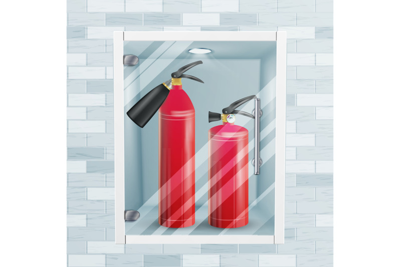red-fire-extinguisher-in-wall-niche-vector-metal-glossiness-3d-realistic-red-fire-extinguisher-illustration