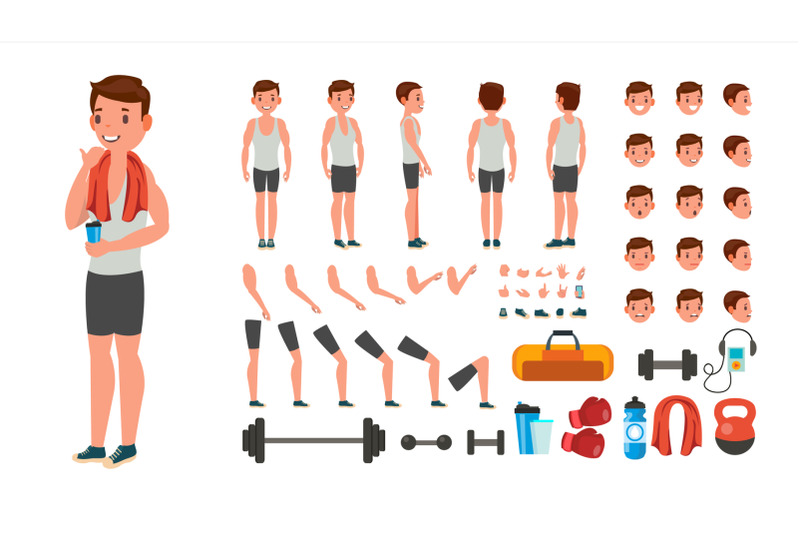 fitness-man-vector-animated-athlete-character-creation-set-full-length-front-side-back-view-accessories-poses-face-emotions-various-hairstyles-gestures-isolated-flat-cartoon-illustration